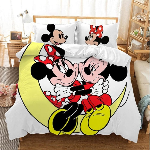 Disney Cartoon Mickey Minnie  Bedding Set Lovely Couple Queen King Size Bedding Set Children Duvet Cover Pillow Cases