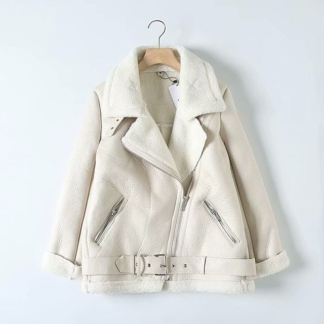 Women beige fur faux leather jacket coat with belt turn down collar Winter Thick Warm Oversized Coat