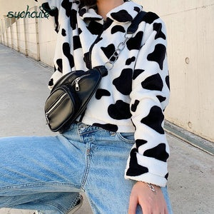 Cow print faux fur teddy jacket Coat For Women Longsleeves Zipper Casual