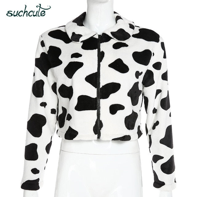 Cow print faux fur teddy jacket Coat For Women Longsleeves Zipper Casual