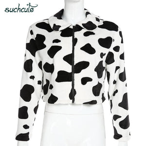 Cow print faux fur teddy jacket Coat For Women Longsleeves Zipper Casual
