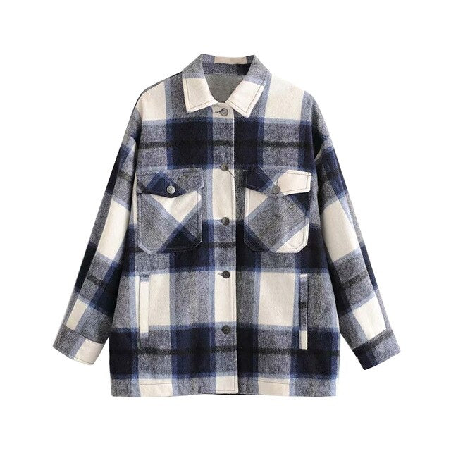 Vintage Stylish Pockets Oversized Plaid Jacket Coat Women 2021 Fashion Lapel Collar Long Sleeve Loose Outerwear Chic Tops
