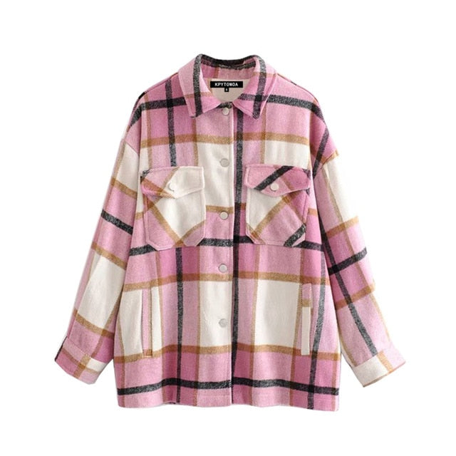 Vintage Stylish Pockets Oversized Plaid Jacket Coat Women 2021 Fashion Lapel Collar Long Sleeve Loose Outerwear Chic Tops