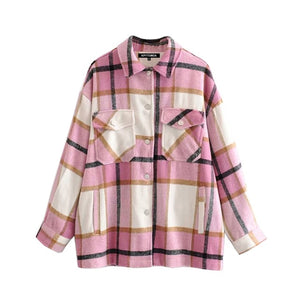 Vintage Stylish Pockets Oversized Plaid Jacket Coat Women 2021 Fashion Lapel Collar Long Sleeve Loose Outerwear Chic Tops