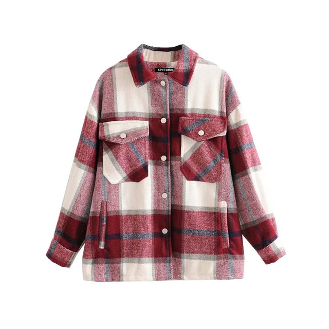 Vintage Stylish Pockets Oversized Plaid Jacket Coat Women 2021 Fashion Lapel Collar Long Sleeve Loose Outerwear Chic Tops