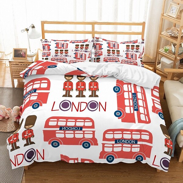 Toddlers Bedding Set 3D Printed Double-Decker Buses in London Red White Microfiber Duvet Cover Set 2/3Pcs with Pillowcase