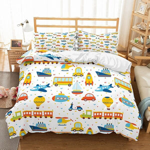 Custom Boys Bedding Set White Various Vehicles Cars Planes Trains Boat Balloon Toddler Duvet Cover Set 2/3 Piece with Pillowcase
